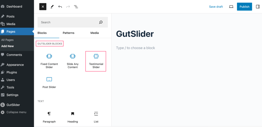 testimonial slider in gutenberg