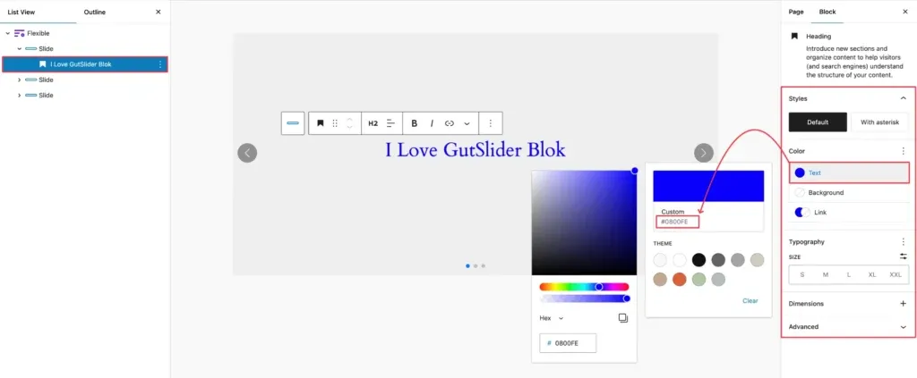 Customize slide content in gutenberg